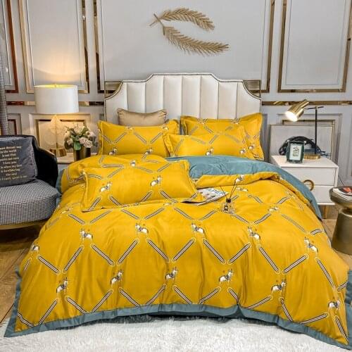 Yellow four-piece set AB version design ice silk washing/supple silky spring and summer four-piece quilt cover