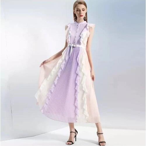 IVY HE Summer Women Ruffled Sleeveless Stand Belted Chiffon Dress Female Contrast Stitching Rainbow Pleated Beach Maxi Vestido