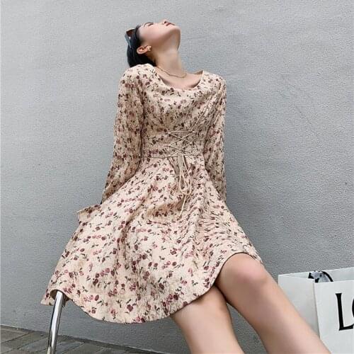 Apricot Print Cross Strap High Waist Fashion Designer Floral Princess Dress Female 2021 New Retro Party Vestidos