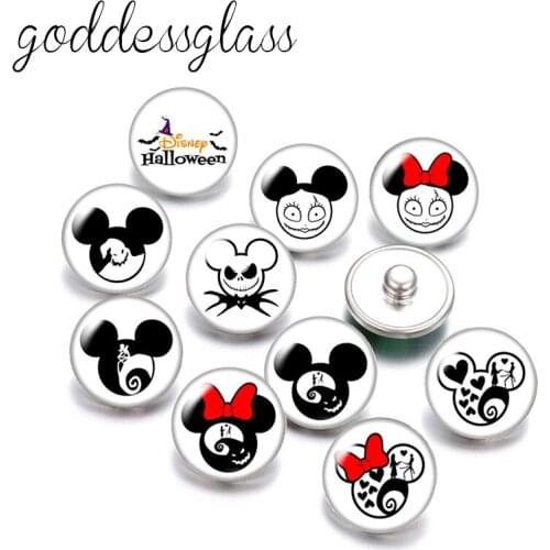Disney Halloween Style Mickey Minnie Evil Face 10pcs Round photo glass 18mm snap buttons for 18mm snap bracelets jewelry