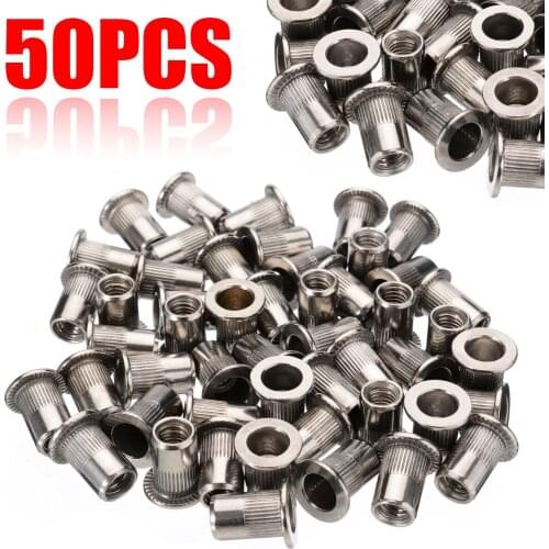 50pcs Stainless Steel Flat Head Rivet Nuts Set M6 Insert Reveting Female Rivnut Insert Nutsert Thread for Rivet Nut Gun