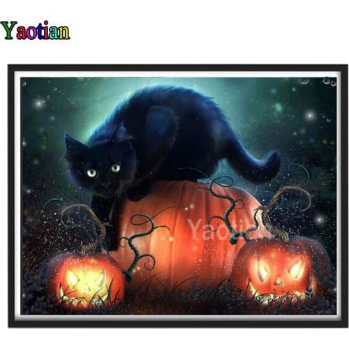 Diamond Embroidery Black cat and halloween pumpkin lantern Diy Diamond Painting Cross Stitch Kits Mosaic Accessories Adult Craft