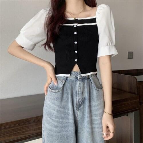 Women Patched Short Puff Sleeve T shirts Crop Tops Girl Knitted Slash Neck Split Chic Tees