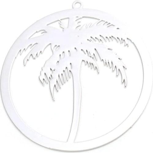 DoreenBeads Fashion Copper Pendants Silver Color Round Coconut Palm Tree Flamingo Filigree Stamping Charms DIY Findings, 10 PCs