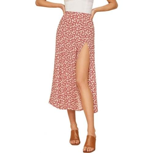 Summer Women High Waist Skirts Leopard Flower Printed Elastic Female Party Beach Midi Skirt A-line Dress Side Open Lady Vestidos