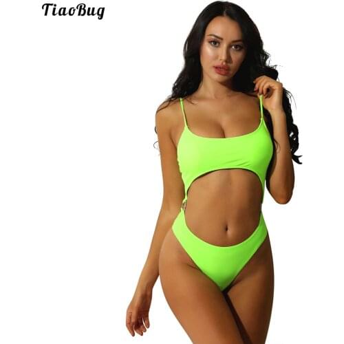 TiaoBug Summer Women Scoop Neck One-Piece Swimsuit Monokini Lace-Up Back Padded Bra Tops O-Ring High Cut Briefs Bathing Suit