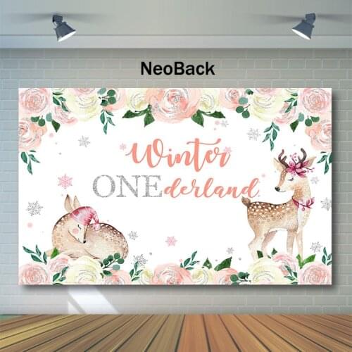 Neoback Winter Snowflake First Birthday Backdrop Cute Animal Elk Decor Photography Backdrops Baby 1th Birthday Party Background