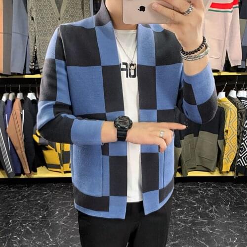 Trend Brand Fashion Plaid Cardigan Coat Men Leisure Yellow Blue Mens Sweaters British Style Autumn New Knitted Cardigan Sweater