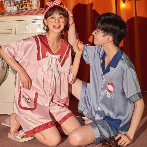 Couples Pajamas Sets Women Men Sleepwear Pyjamas Ice Silk Summer Homewear Boys Girls Bowknot Nightgowns Lovers Pijamas