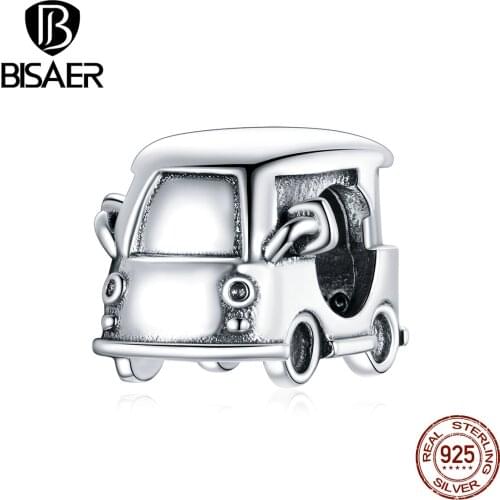 BISAER 925 Sterling Soild Silver Mini Car Pendant Charm Beads Fit Original Women Bracelet Authentic DIY Jewelry Gift EFC415
