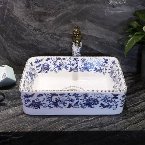Rectangle Blue And White Flower Conventional Wash Shampoo Toilet Basin