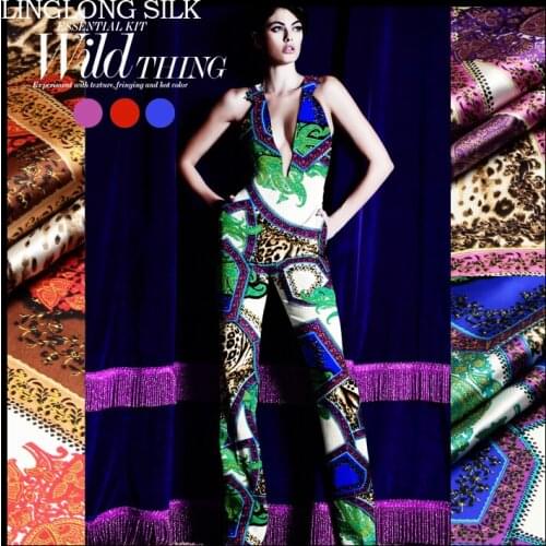 PRINTED SILK STRETCH SATIN 118cm width 19momme/Pure Mulberry Silk Tissus For Wedding Dresses Sewing Leopard 5 Meters / Lot