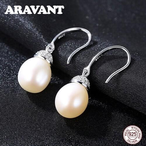 925 Sterling Silver Jewelry Zircon Natural Pearls Earrings Women Fashion Round Pearl Drop Earrings
