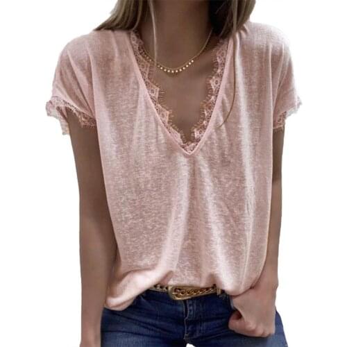 Women Fashion Solid Color Short Sleeve Deep V Neck Lace Trim Top T-shirt Lace Trim women Top T-shirt plus size Tees 2020