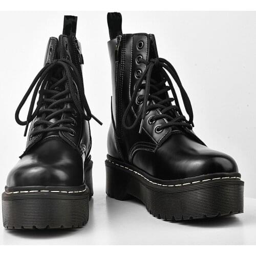 Women Genuine Leather Marten Boots Platforms Ankle Boots Fashion Lace Up Woman Casual Chunky Hot Sale Zapatos Mujer Black