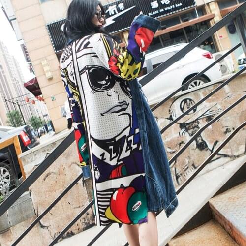 2020 Spring and Autumn Cartoon Pattern Denim Trench Coat Women Long Sleeve Hole Loose Windbreaker Ladies Trench Coat