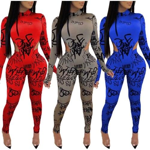 2021 New Style Women’s Two Piece Casual Set Fashion Letter Printed Long Sleeve Bodysuits Top and Elastic High Waist Trousers