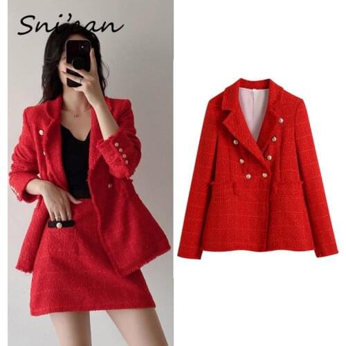 Red Tweed Women Blazer Jacket Za Winter Fashion Long Sleeve Double Breasted Office Ladies Tops Outwear Warm Female Coat 2021 New