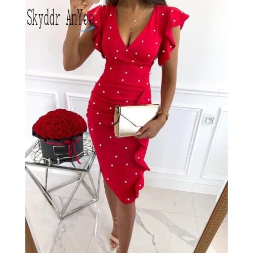 2021 Summer Women Red Party Dress Short Sleeve V-Neck Knee-Length Slim Bodycon Dresses Bubble Bead Chic Vestidos Mujer