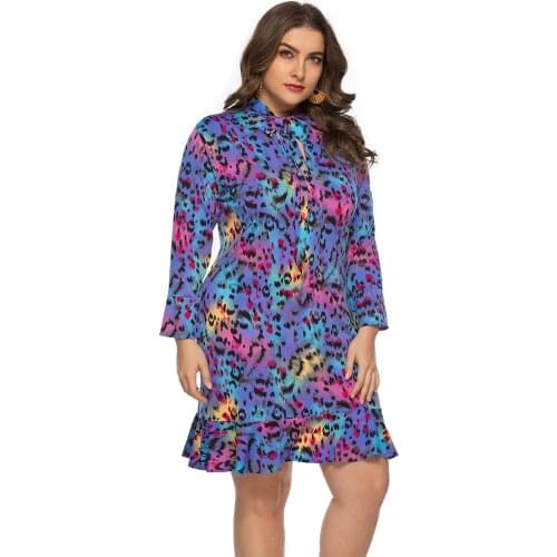 XL To 6XL Plus Size Dress Bow Leopard Print Long Sleeve Casual Party Dresses for Women Robes T0118