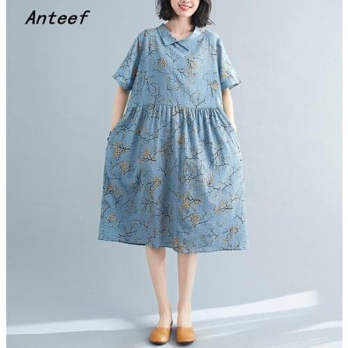 Short sleeve plus size cotton vintage floral dresses for women casual loose midi woman summer dress elegant clothes 2021