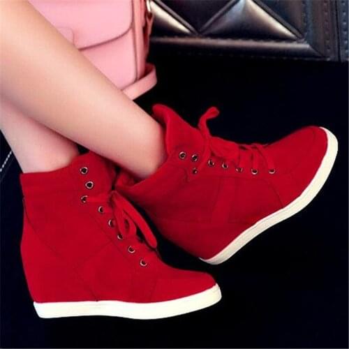 Winter Warm Women Boots Wedge Heels Boots Hidden Platform Sneakers Women Fur Ankle Boots High Top Autumn Casual Shoes Black Red