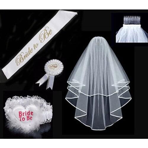 1set Fashion Garter Veil Hen Night Party Bachelorette Party Lace Set White Rosette Mantilla Badge Sash wedding decorations