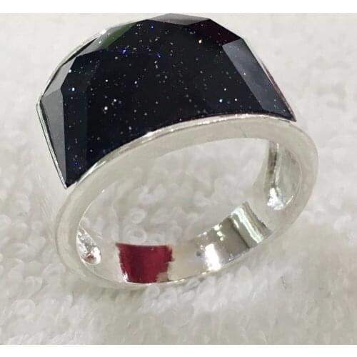 18X27mm Natural Faceted Blue Sand jade Gems 925 Sterling Silver Ring Size 7/8/9/10