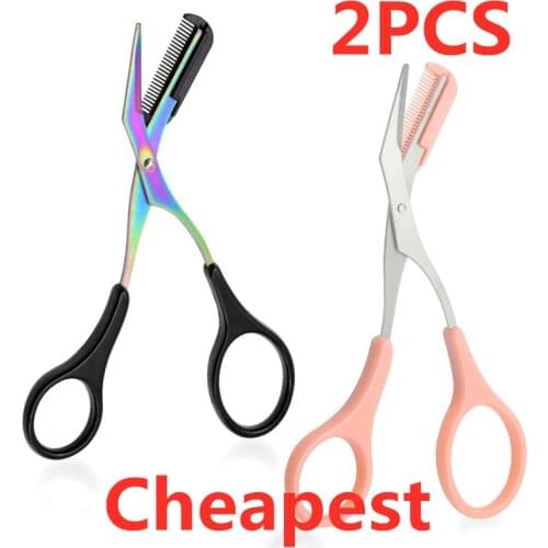 2PCS Eyebrow Trimmer Scissors Stainless Steel Shaver With Comb Removable Eyelash Hair Remover Shaver Cutter Color Titanium