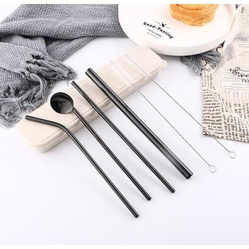 304 Stainless Steel Straws Set Box Reusable Set Straw Spoon Milkshake Drinking Straw Bent Metal Straw with Cleaner Brush