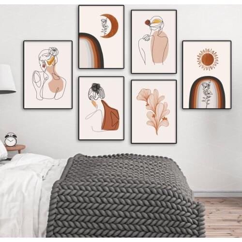 Abstract Sun Moon Leaf Mountain Line Girl Wall Art Canvas Painting Nordic Posters And Prints Wall Pictures For Living Room Decor