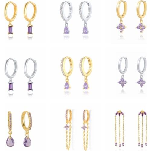 GS 925 Sterling Silver Purple Crystal Flower Charm Hoop Earrings Women 2021 Trend Luxury Waterdrop Pendant Pendientes Jewelry