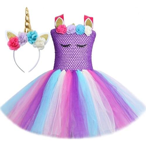 Unicorn Dress for Girls Kids Costumes Halloween Children Dresses Flowers Princess Girl Birthday Tutu Dress with Unicorn Headband
