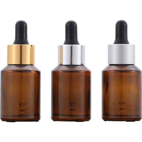 30ml Amber Glass Essential Oil Dropper Vials Gold/Siver Lid Black Top Empty Cosmetic Packaging Container Refillable Bottle 25pcs