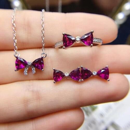 Bow tie garnet gemstone ring stud earrings and necklace jewelry set for women natural gem real 925 silver lovely designment