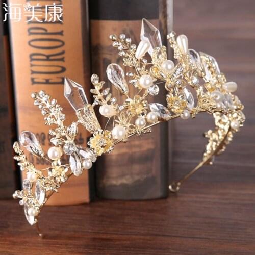 Haimeikang 2021 New Baroque Crown Headdress Bride Crystal Crown Princess Hairband Crown Gold Silver Wedding Hair Accessories