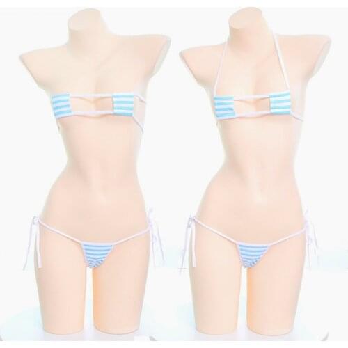 Kawaii Cute Sexy Lingerie White Striped Mini Square Cup Thong Strappy Costumes Sukumizu Swimwear Cosplay Micro Bikini Set