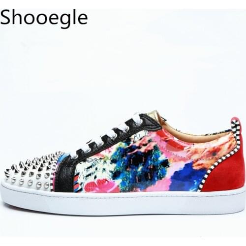 Men Floral Print Flat Lace up Low Top Patchwork Casual Shoes Rivets Men Sneakers Runway Chaussures Hommes