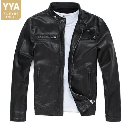 Brand New Men Leather Jacket Genuine Real Sheepskin Goat Male Bomber Motorcycle Biker Coat Man Stand Collar Jackets Streetwear