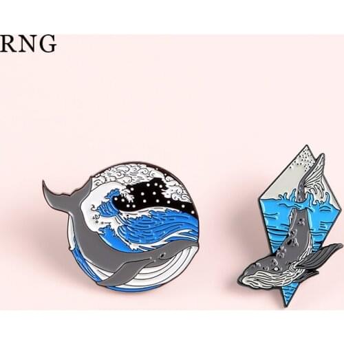 RNG metal enamel pin cute cartoon whale wave ocean diving star fish tail animal lapel brooch badge jewelry gift