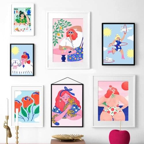 Fashion Girl Lovely Cat Wall Picture Decorative Canvas Painting For Living Room Home Decoration Accessories Printing Art Poster