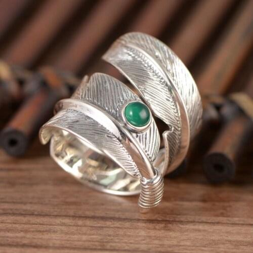 New s925 sterling silver retro men and women inlaid green Natural stone feather ring stylish silver ring couple ring gift
