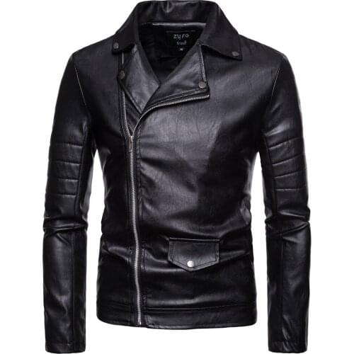 2018 autumn European and American style mens solid color diagonal zipper cardigan lapel leather men leather jackets