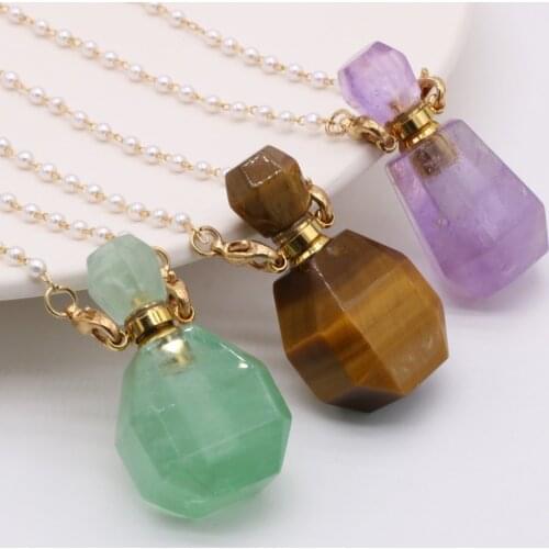 Natural Stone Perfume Bottle Necklace Amethysts Turquoises Quartz Essential Oil Vial Pendant Pearl Beads Chain Necklaces Jewelry
