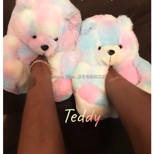 Plush Teddy Bear Cute Rainbow Cartoon Bear Indoor Slippers Non-Slip Mute Bedroom Office Soft Warm Winter Autumn Thick shoes