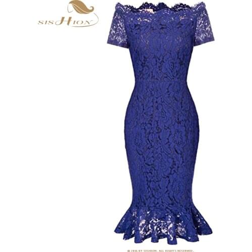SISHION Blue Lace Dress Summer 2021 Slash Neck Vintage Cotton Mermaid Pencil Dresses Evening Party Dress SP1200