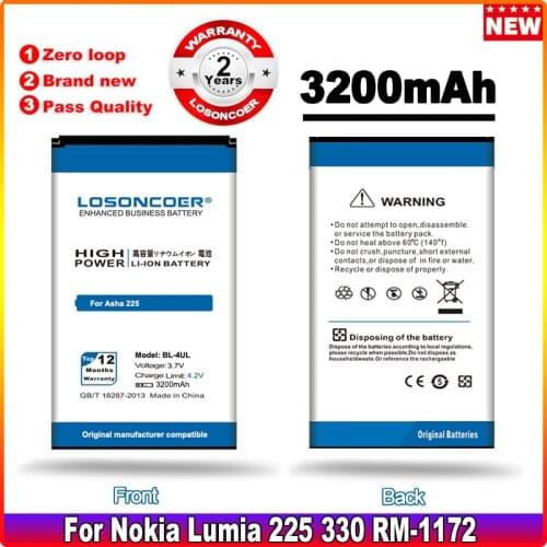 LOSONCOER 3100mAh BL-4UL / BL 4UL / BL4UL Replacement Li-ion Battery For Nokia Asha 225 Lumia 225 RM-1011 RM-1126 Battery