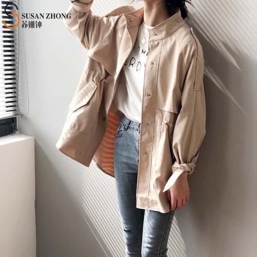 Women Coat Trench Female Mid-Long Outwear 2021 Spring Elegant Vintage Casual Stand Collar Covered Button Drop Shoulder Pockets