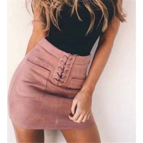 Women Leather Suede Lace Up Bandage High Waist Party Pencil Short Mini Skirt Ladies Womens Brief Solid Daily Skirts