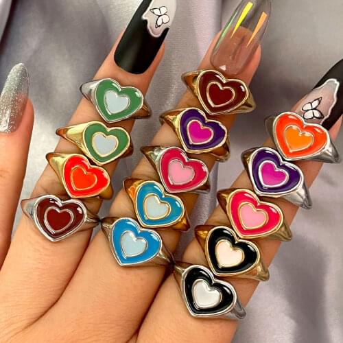 Flatfoosie New Ins Creative Simple Colorful Love Heart Rings Double Layer Vintage Heart Couple Rings For Women Fashion Jewelry